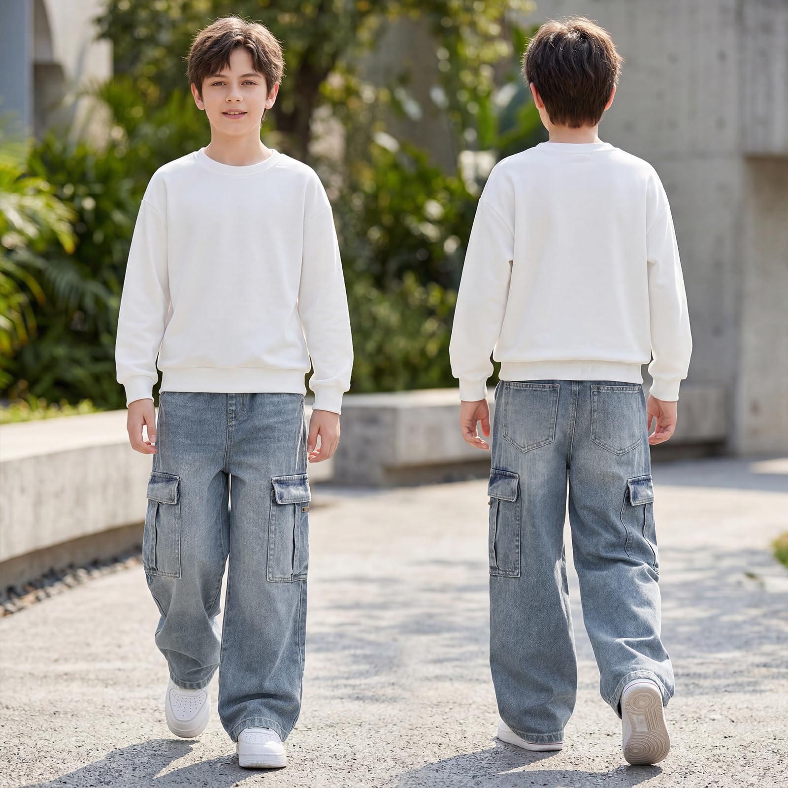 Vaqueros Baggy Cargo Jeans para Niños, Denim Pantalones con Cintura Elástica y Multi-Bolsillos Holgados Largos Stretch Denim Jeans Vintage Streetwear Skater Pants para Niño 7-15 Años