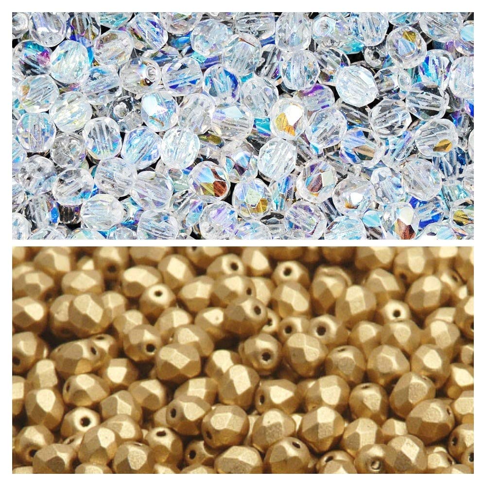 Czech Faceted Glass Beads, Fire-Polished, Round 4mm. Two Colors: Crystal AB, Aztec Gold. Total 400 pcs. Set 4SFP217 (4FP002, 4FP085)