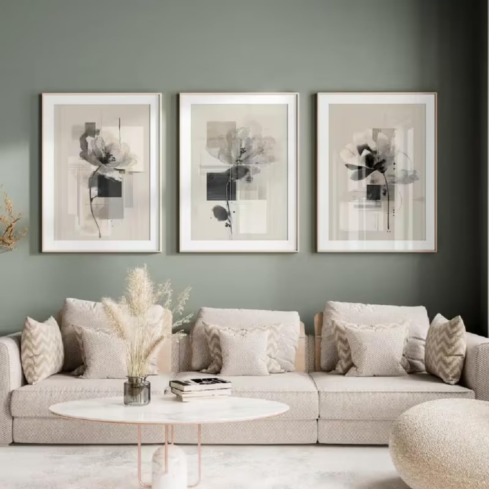 TROYSINC Juego de 3 lienzos de alta calidad, abstractos, modernos pósteres de flores, color beige y gris, murales en estilo Japandi y Scandi para salón o dormitorio, sin marco (C, 50 x 70 cm)