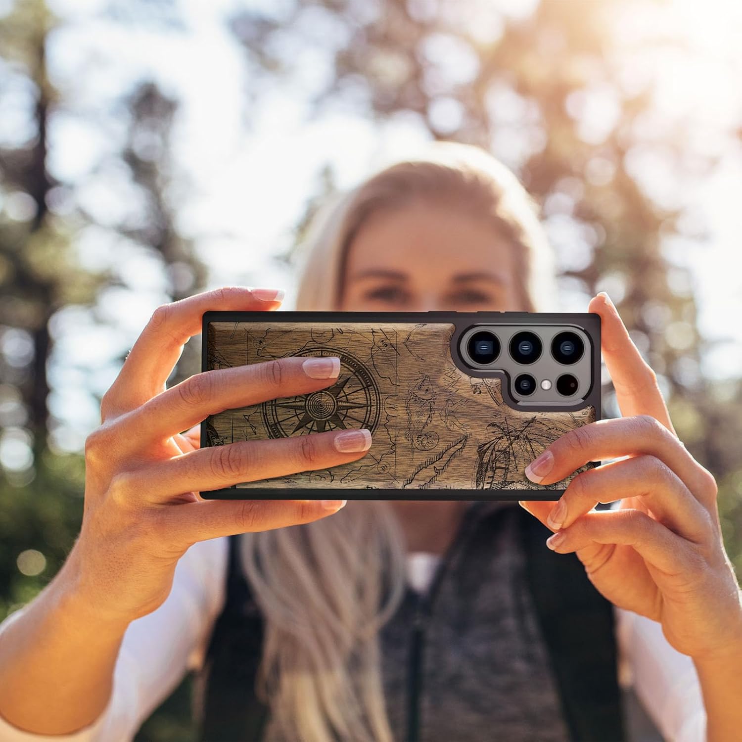Carveit Wood Case for Galaxy S24 Ultra - Natural Wood & Black Soft TPU - Shockproof Protective Cover - Unique Wooden Design - Compatible with Samsung S24 Ultra - Vintage Pirate Compass - Walnut
