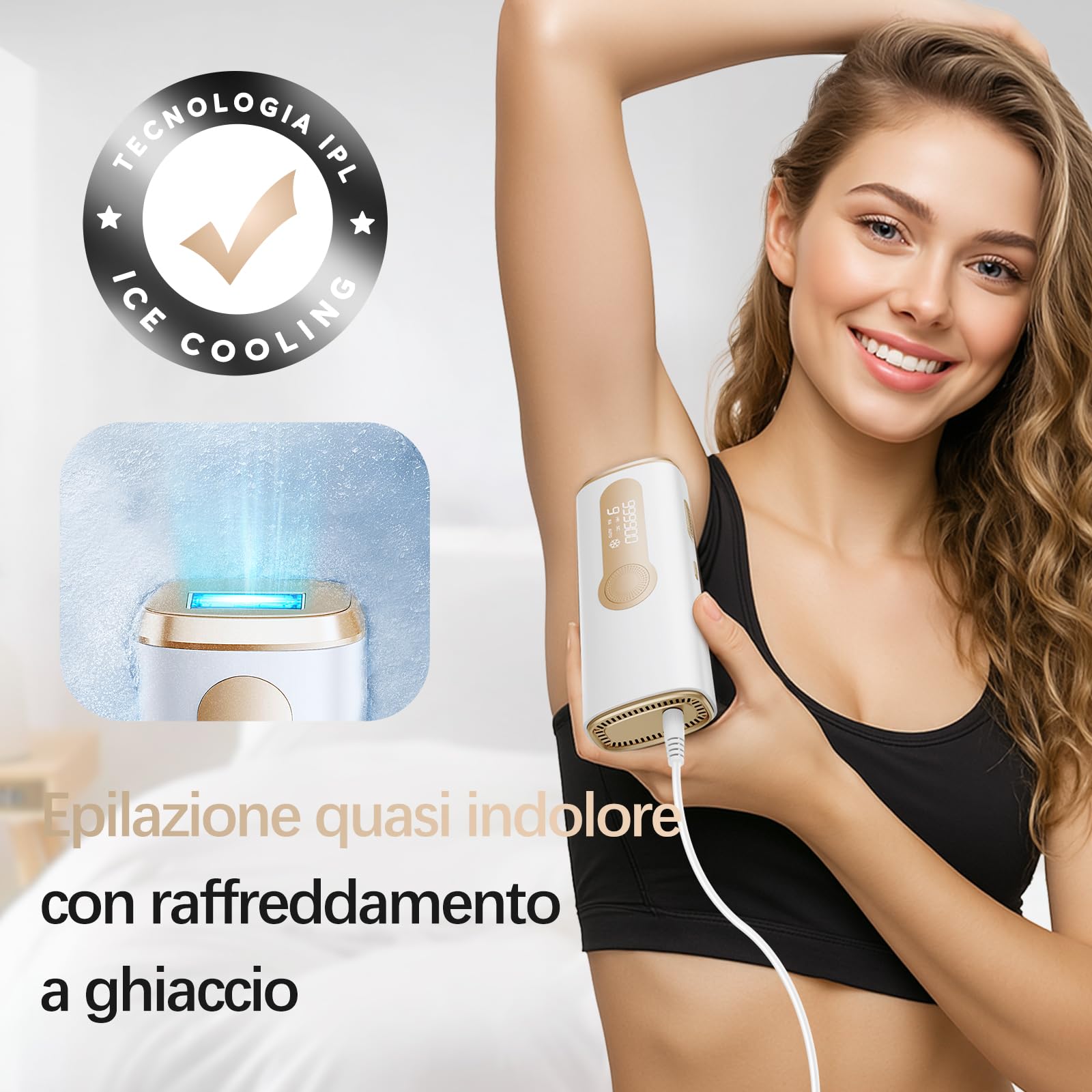 Haarlosy Epilatore Luce Pulsata con Ghiaccio, 3 IN 1 IPL Epilatore Laser per Donna e Uomo, 9 Livelli di Energia Regolabile Adatto a Corpo, Viso, Ascelle, Gambe Sensibili (Bianco Oro)