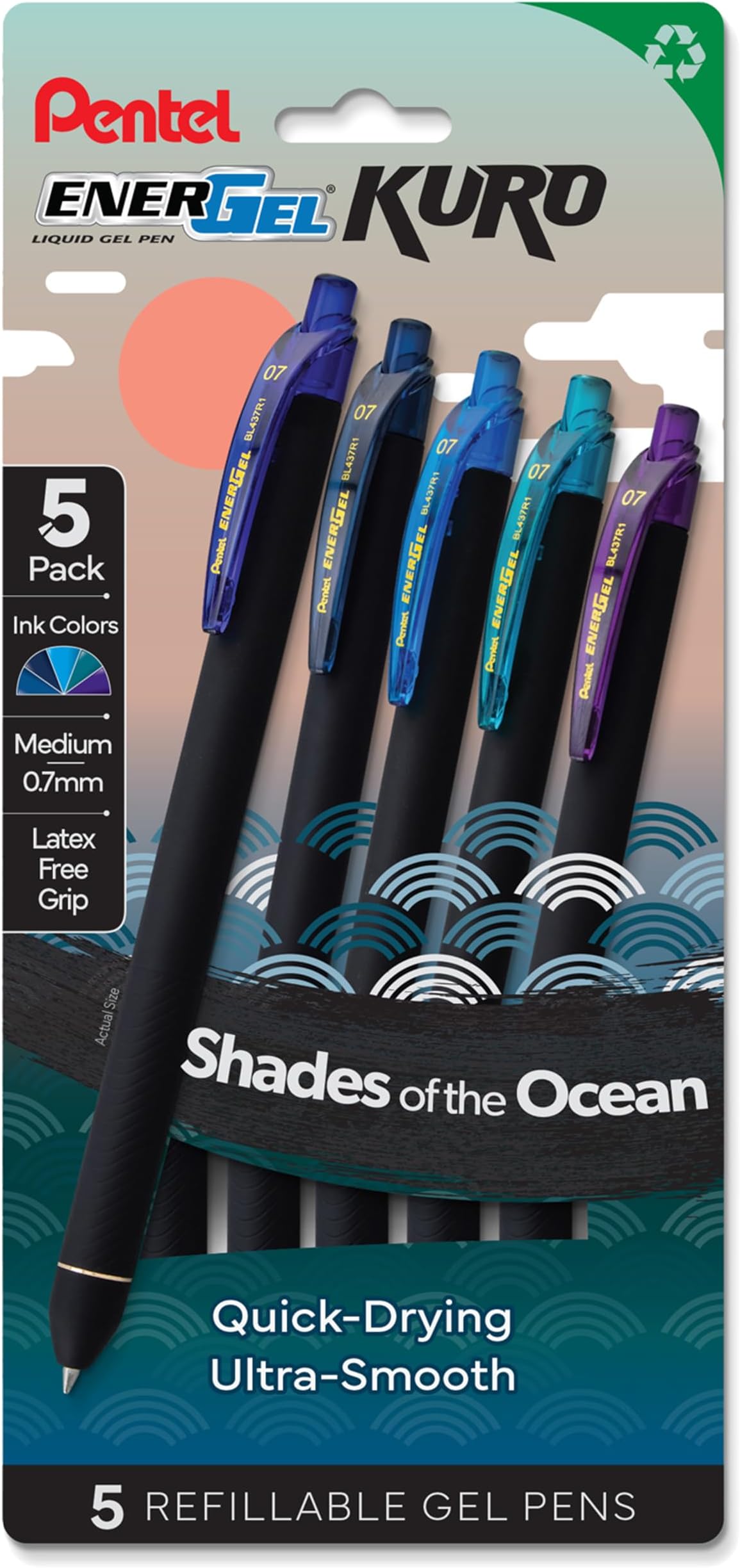 Pentel EnerGel Claw Shade of the Ocean Retractable Liquid Gel Pens, Assorted Ink Colors, 5 Pack (BL437OCNPF5)