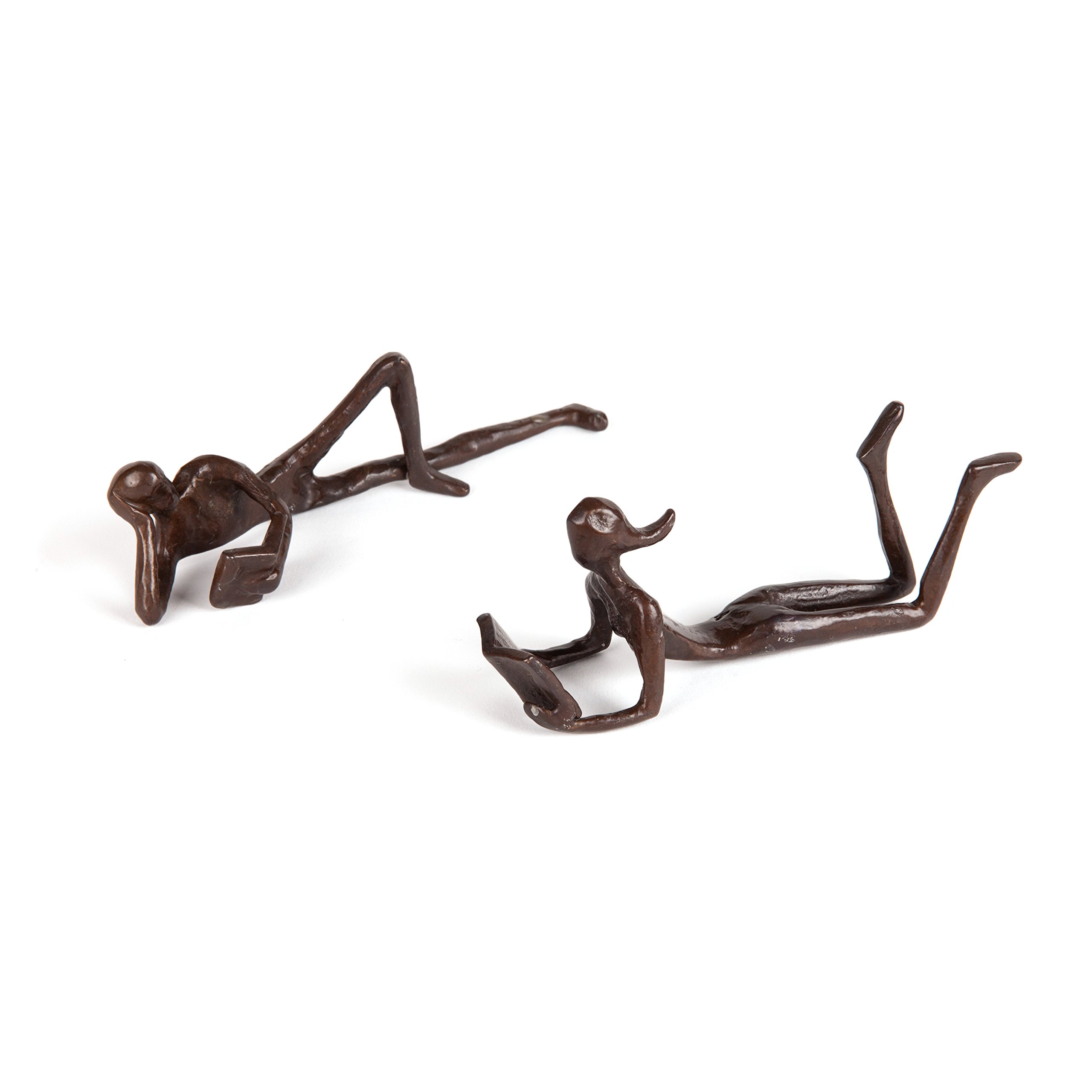 DANYA BZD17346 Man and Woman Leisurely Reading a Book Bronze Sculptures – Metal Shelf Décor (2 Piece Set)