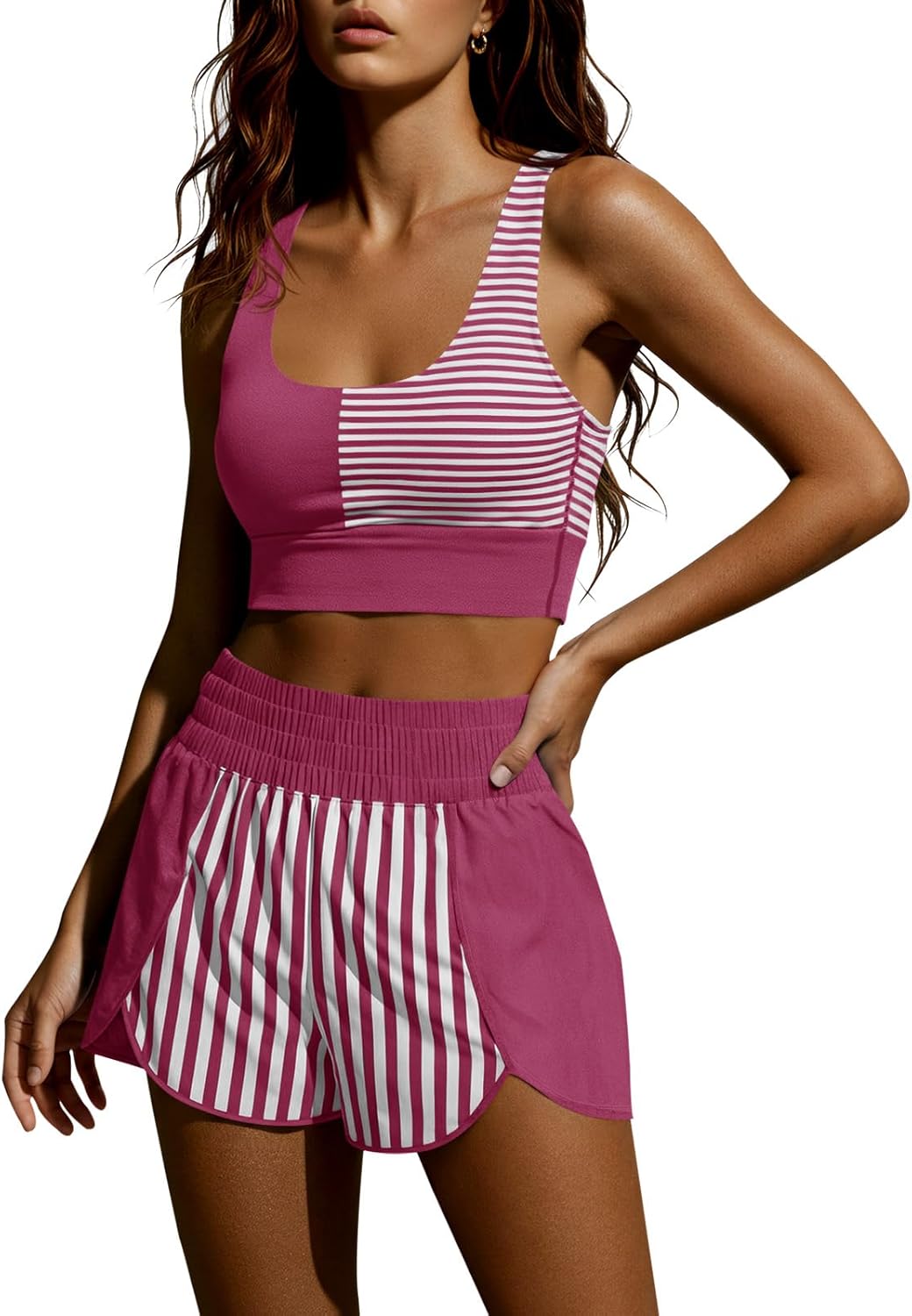 Fisoew Womens Two Piece Workout Outfits Cropped Tank Top Color Block Gym Yoga Athletic Short Sets with Built-in Bra