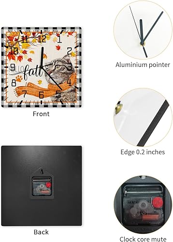 Miniatura 2 de Hello Fall Wooden Wall Clock Silent Non Ticking, Thanksgiving Cat Orange Scarf Maple Leaf Black Plaid Square Wall Clock Battery Operated, Decor