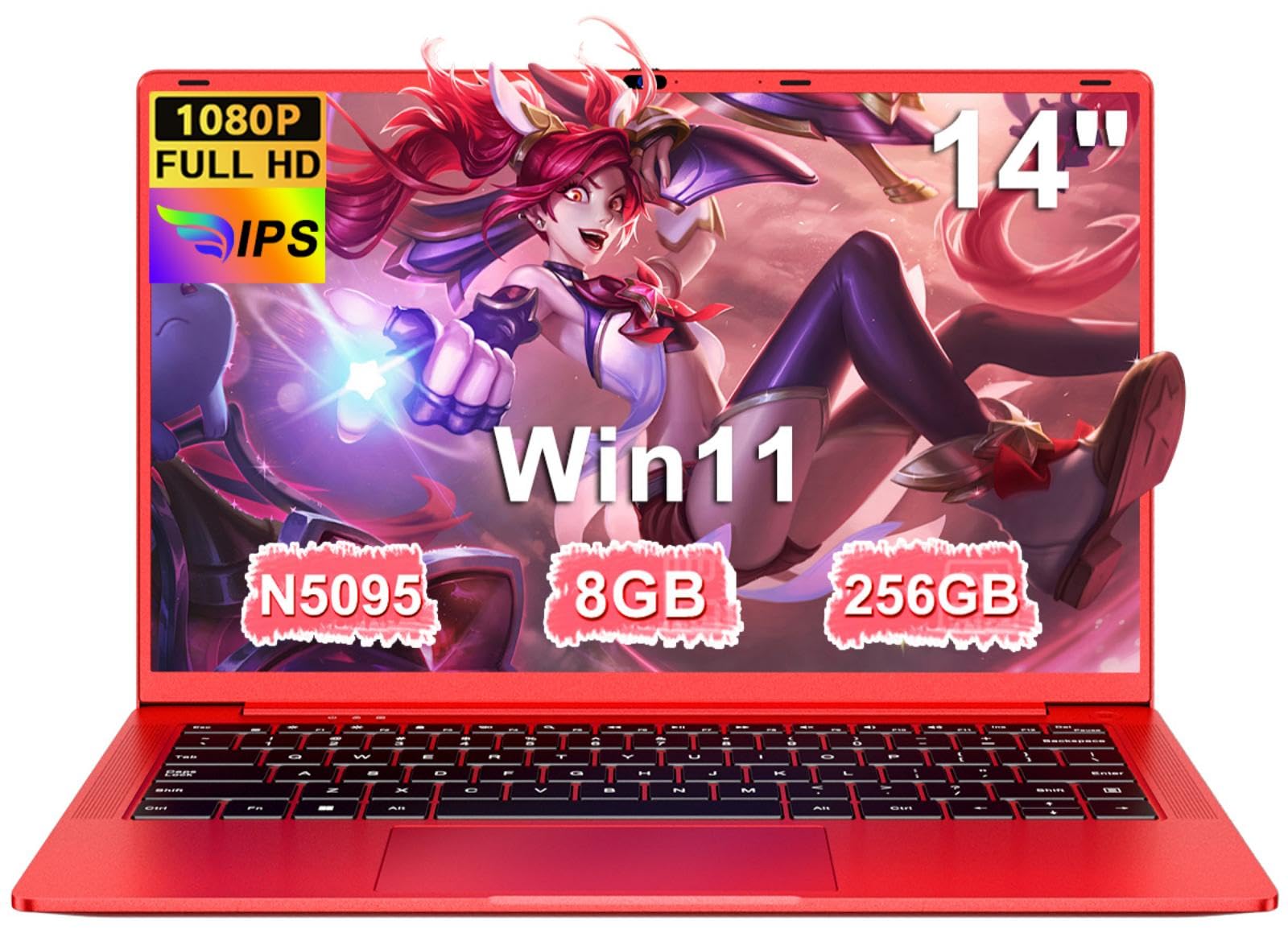 Ruzava Laptop 14 Zoll FHD IPS Display, Win11, Celeron N5095 (bis 2.9GHz) 8 GB RAM 256GB SSD Unterstützung 1TB, 5G WiFi, USB 3.0, 5000mAh, HDMl, Notebook PC QWERTY Deutsche Tastaturfolie - Rot Metall1