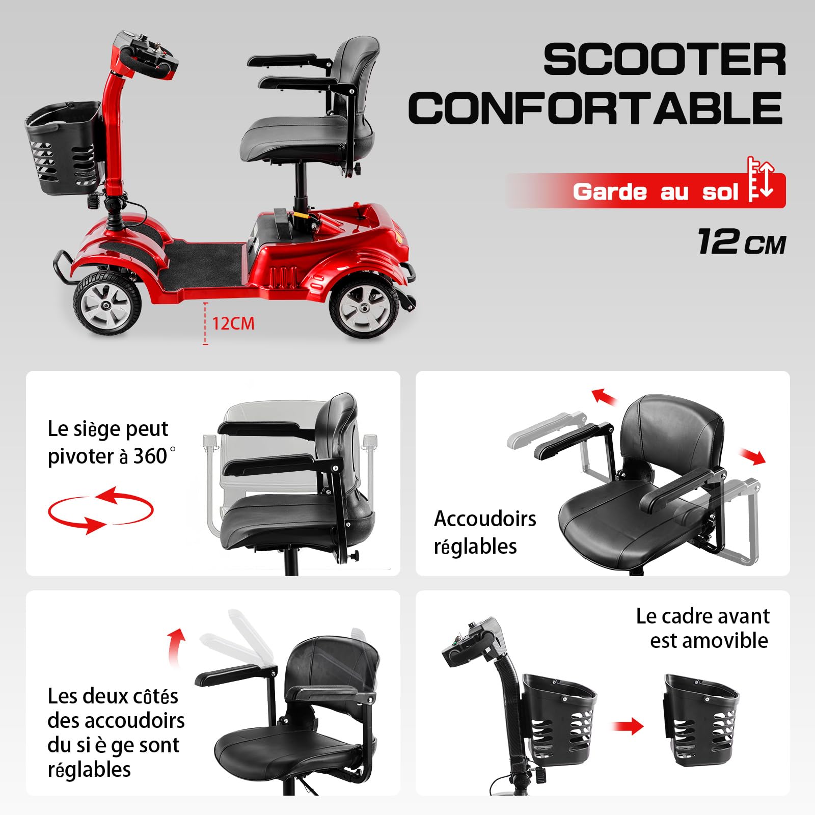 Z02 Véhicule de Mobilité Électrique Pliable et Léger pour Adultes, 4 Roues Trottinette Électrique Adulte avec Siège, Autonomie 20KM, Conçu pour Personnes à Mobilité Réduite et Handicapés (Rouge)