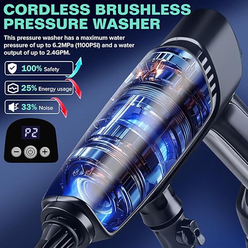 Miniatura 2 de Lavadora a presión inalámbrica alimentada por batería; lavadora eléctrica inalámbrica portátil de 1100 PSI, con motor sin escobillas, 2 paquetes