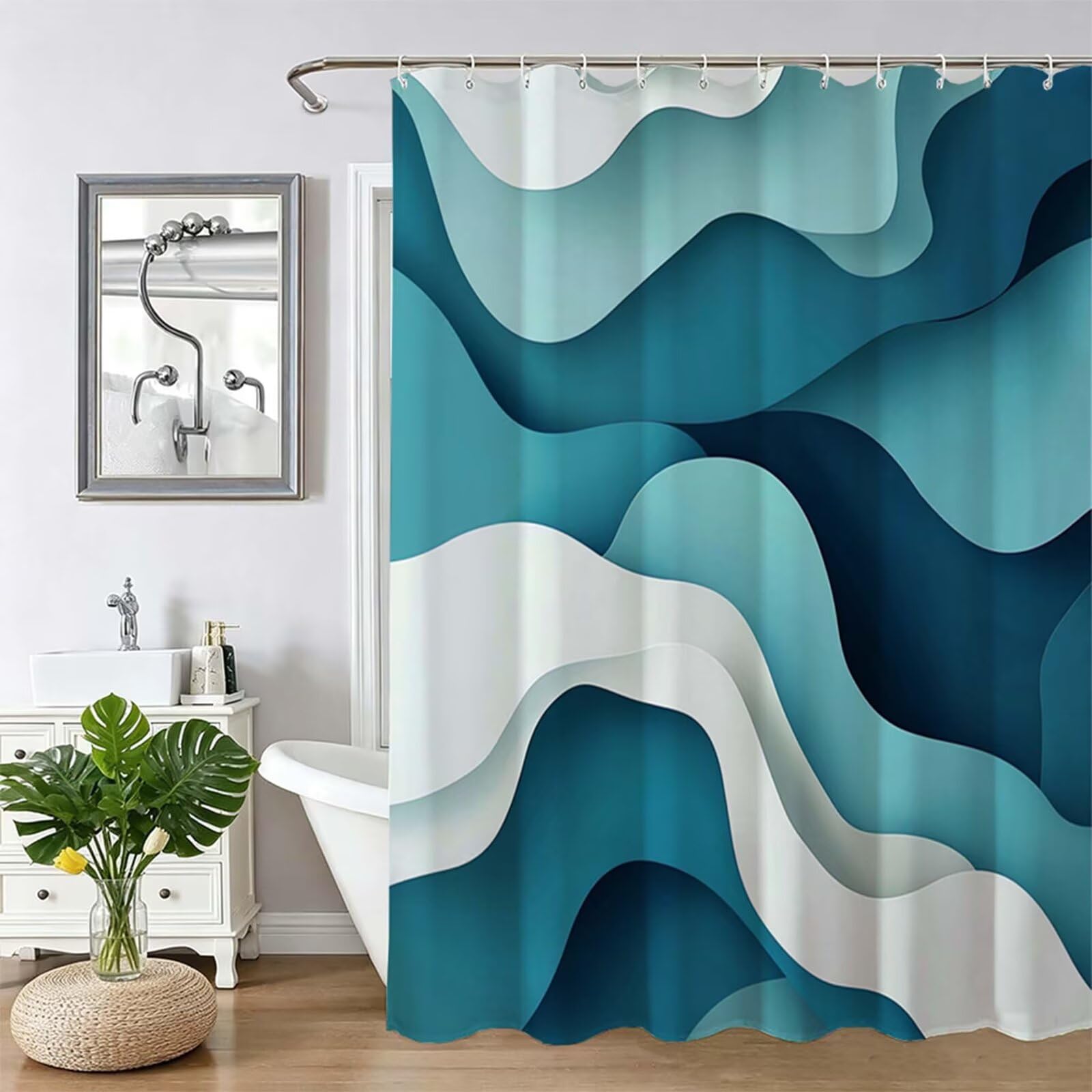 Tenda da Doccia turchese Semplice,Tenda Doccia 240x200cm,Shower Curtain Lavabile in Lavatrice con Orlo Ponderato e 12 Ganci,Impermeabile Tende Vasca da Bagno Lavabile Poliestere per Ambienti Umid Z-55