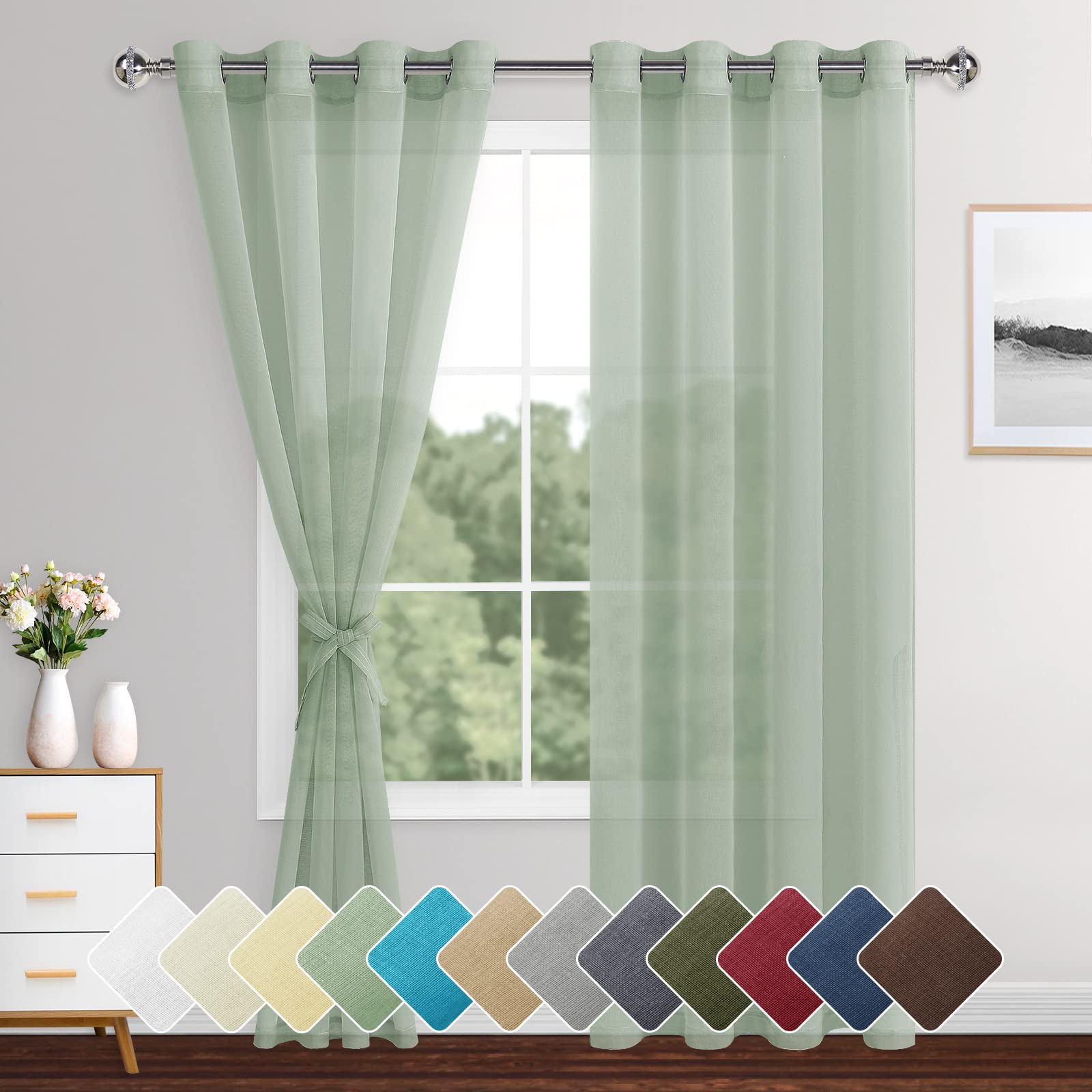 XWZO Sheer Curtains 2 Panels Linen Look Voile Curtains Semi Transparent Grommet Tieback Window Curtains for Bedroom,Light Filtering,Airy & Breathable Voile Drapes,Bean Green,W55*L88