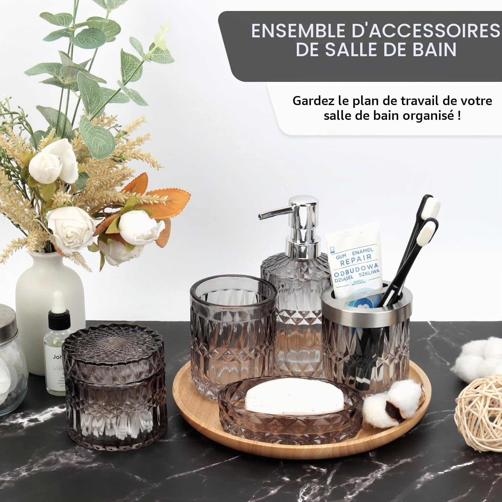Lot de 5 accessoires de salle de bain, distributeur de savon en verre, porte-brosse à dents, gobelet, porte-savon et pot de rangement, décoration moderne pour salle de bain et cuisine pour maximiser