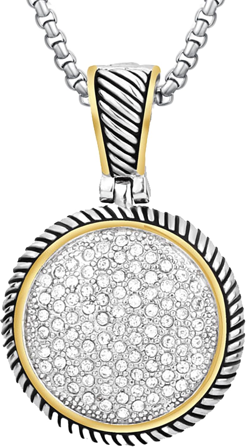 UNY JEWEL Jewelry Make a Statement With Our Two Tone Twisted Cable Wire Round Circle Enhancer Pendant Featuring Pave Rhinestone 2mm Box Chain 45cm + 5cm Extension