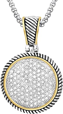 UNY JEWEL Jewelry Make a Statement With Our Two Tone Twisted Cable Wire Round Circle Enhancer Pendant Featuring Pave Rhinestone 2mm Box Chain 45cm + 5cm Extension