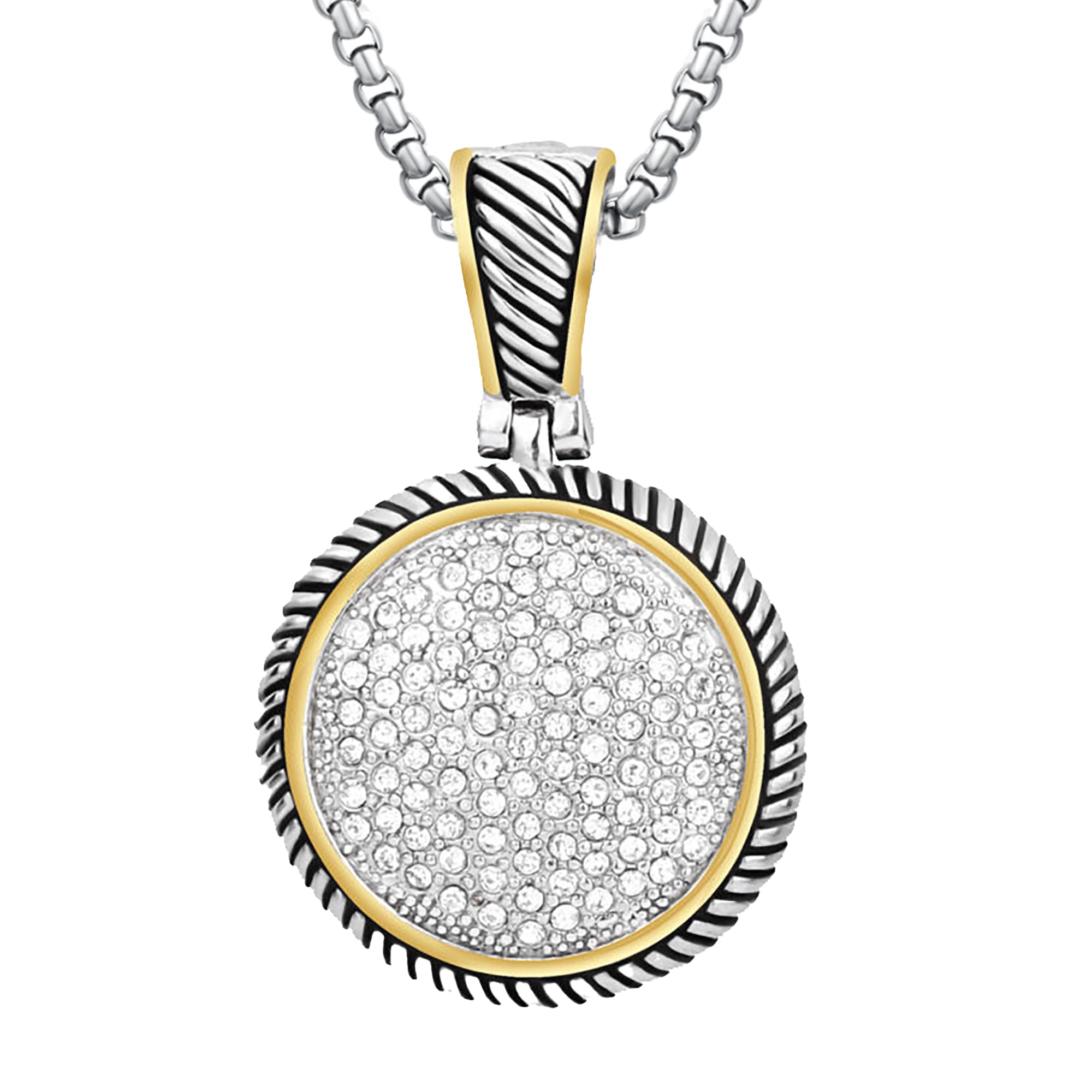 UNY JEWEL Jewelry Make a Statement With Our Two Tone Twisted Cable Wire Round Circle Enhancer Pendant Featuring Pave Rhinestone 2mm Box Chain 45cm + 5cm Extension