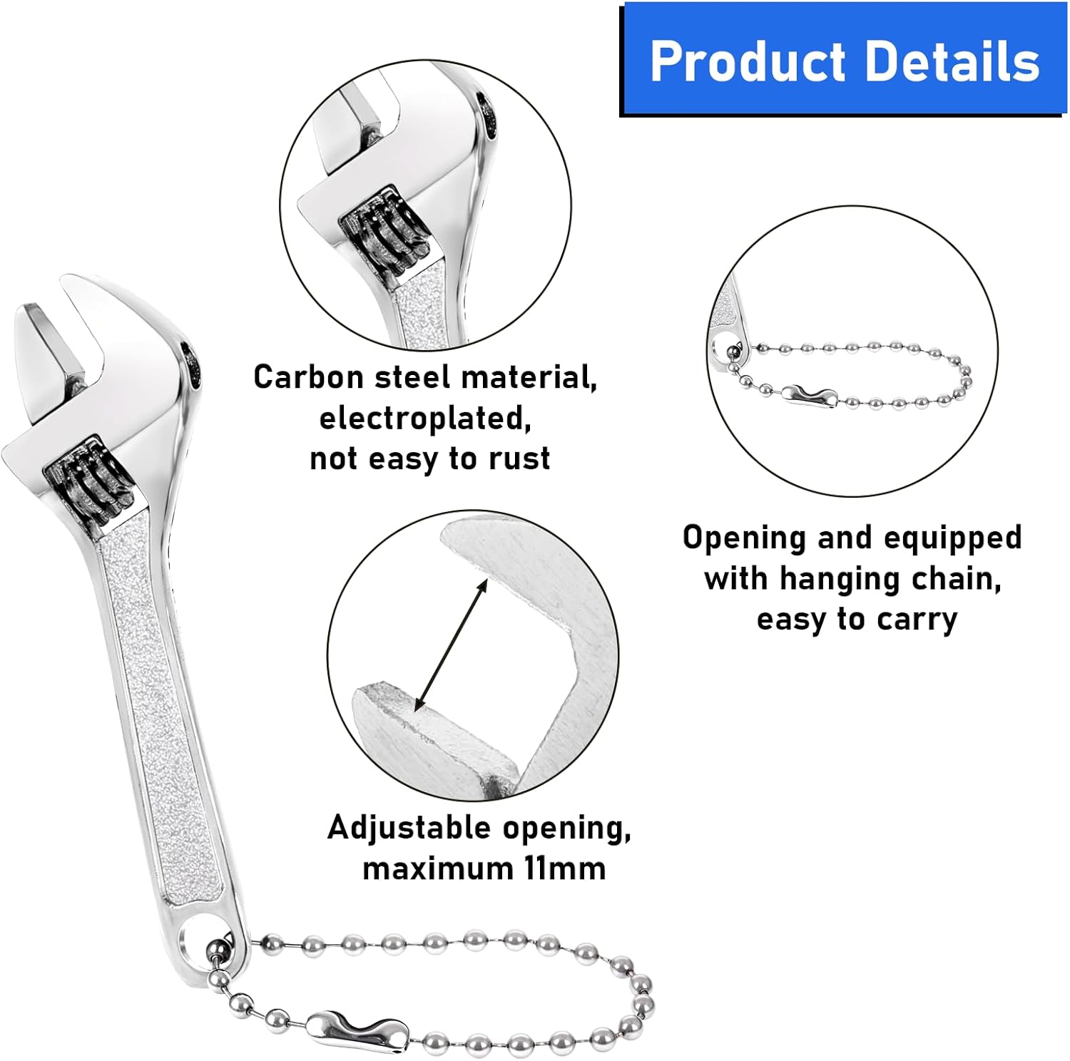 InnoHHustle 3 Pcs 2.5'' Adjustable Spanner Mini Nut Wrench, Tiny Wrench Small CrescentWrench Chain Set Locking AdjustableWrench Keychain Hand Knurl Tool for Repair Micro Equipment