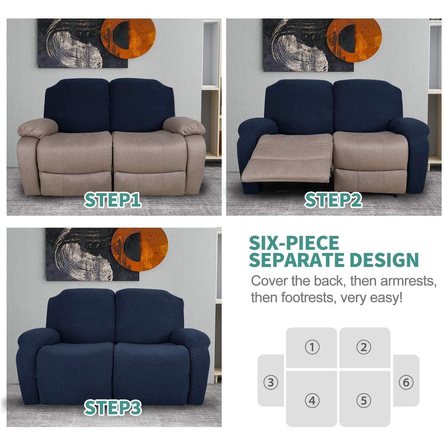 6-Stück Karierter Jacquard-Strickstoff Schnittsofa-Recliner Schonbezüge 2 Sitzplätze Couchbezug Waschbarer Möbelschutz Für Kinder Haustier (Navy)