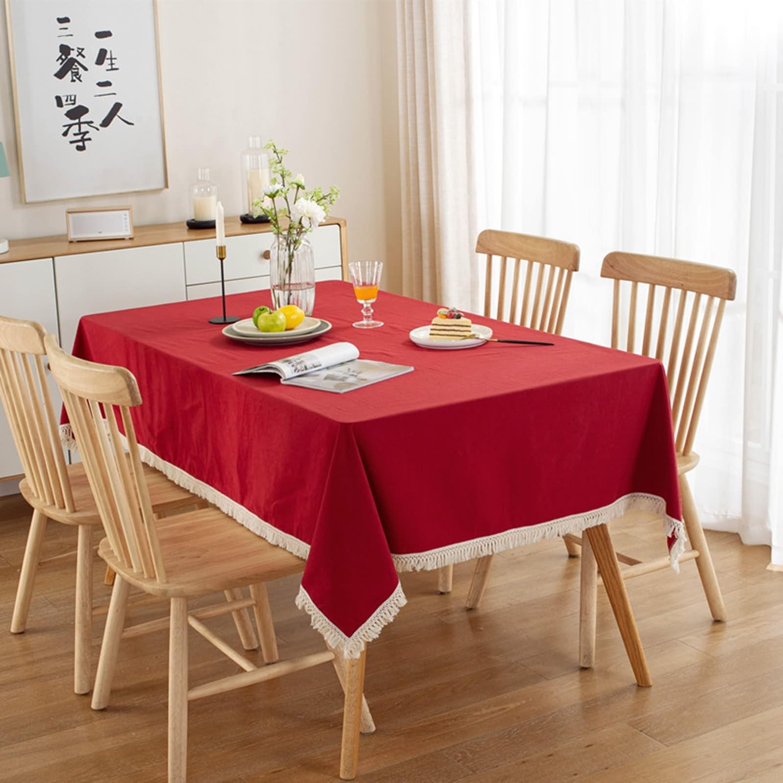 Mantel cuadrado para mesa de comedor, 35 x 35 pulgadas, de algodón, color liso, con borlas, para eventos, bodas, banquetes y fiestas, estilo B rojo