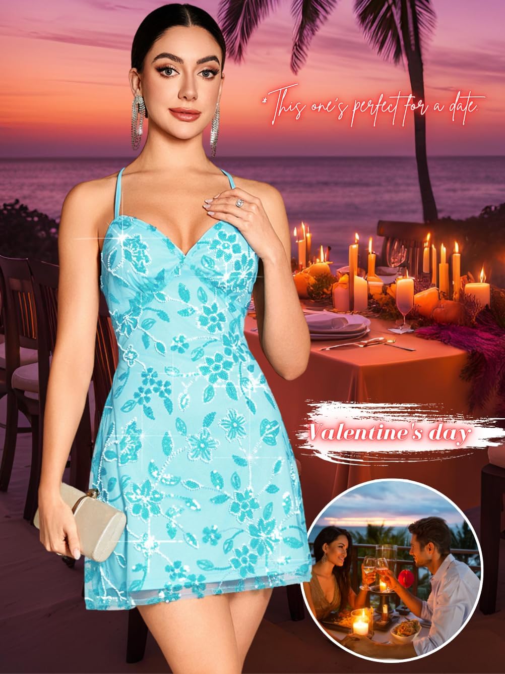 Beaded Sequin Dress,Backless Floral Mini Dresses for Women,Homecoming Cocktail Party Sparkly Outfits