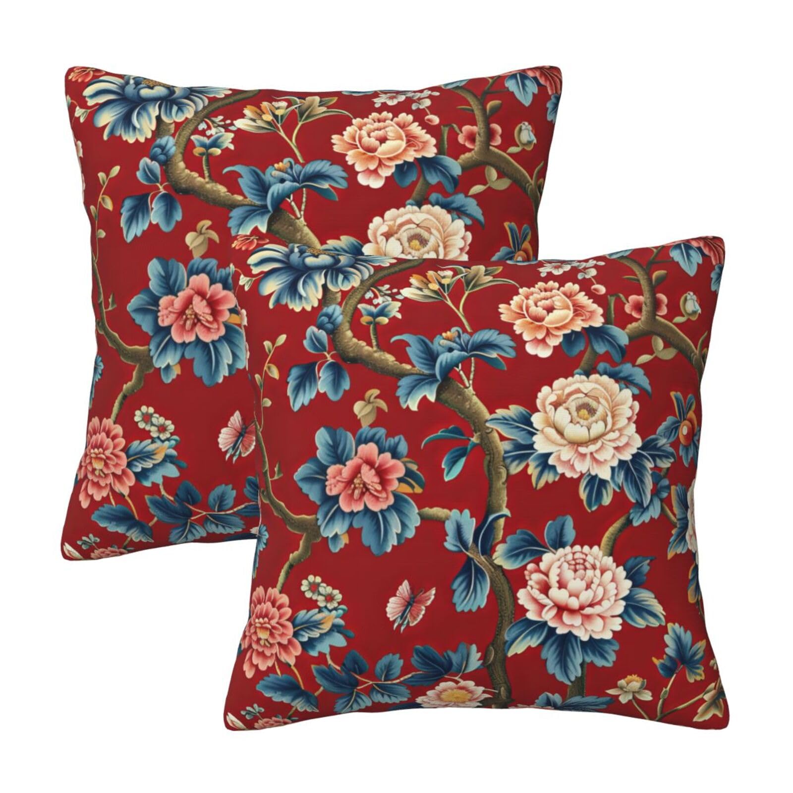 HOSTECCO Red Chinoiserie Cushion Covers 45x45 cm Set of 2 Peony Floral Cushion Cases Traditional Flowers Decorative Pillow Covers for Sofa Couch