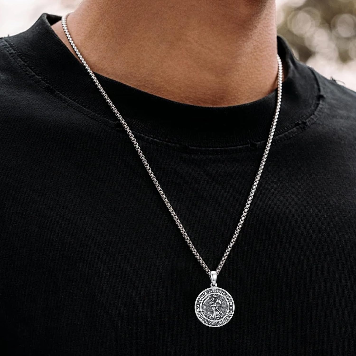 Memento Mori Necklace 925 Sterling Silver Vintage Skull Amulet Memento Mori Jewelry Gift for Men Women 20 + 2 Inch Chain - Image 5