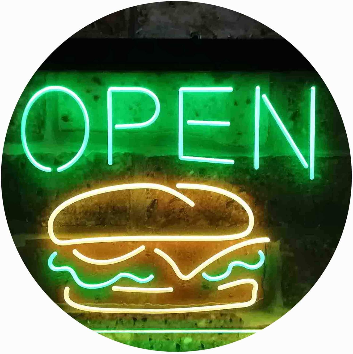 ADVPRO Burger Café Open Restaurant Dual Color LED Neon Sign Green & Yellow 24 x 16 Inches st6s64-i3885-gy