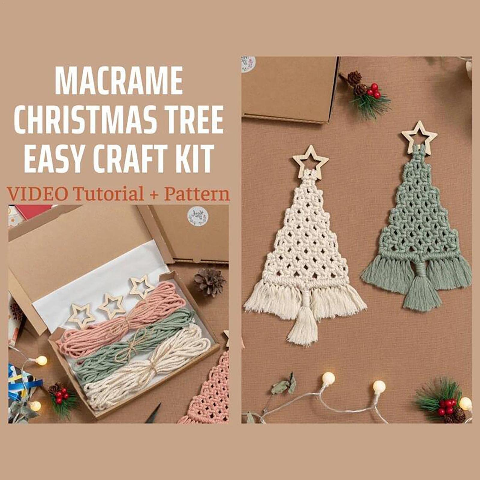3 Pieces Christmas Tree Macrame Kit - Macrame Woven Tree DIY Kit - DIY Self-Made Macrame Cord Kits for Adults Beginners - Handmade Woven Xmas Boho Wall Hangings Ornaments for Christmas Decor