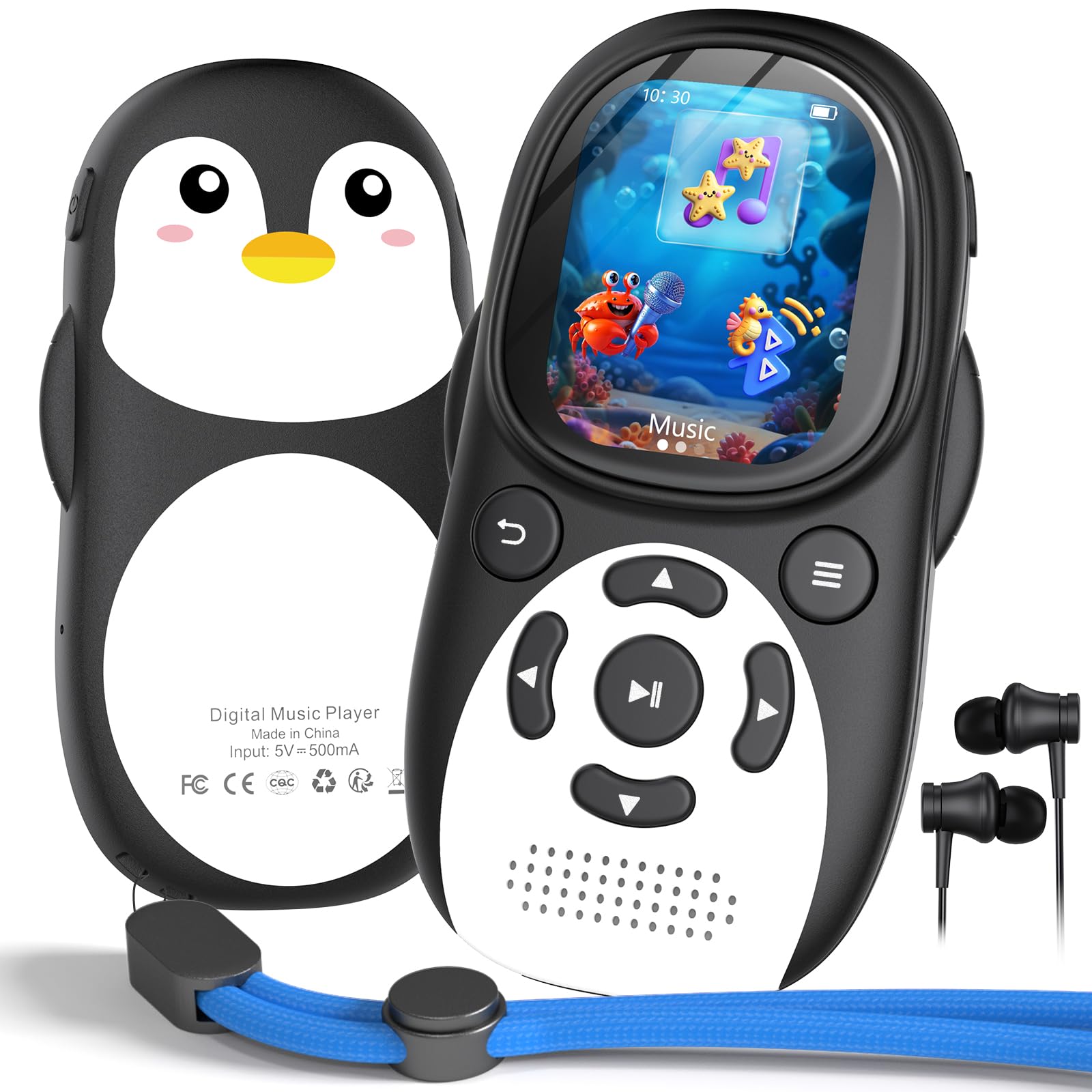 64GB Reproductor MP3 Infantil, Bluetooth 5.3 Diseño Pingüino con Pantalla IPS 2'', Altavoz Integrado, Radio FM, Batería 750mAh, Correa Ajustable, Regalo para Niños，Ampliable 128GB