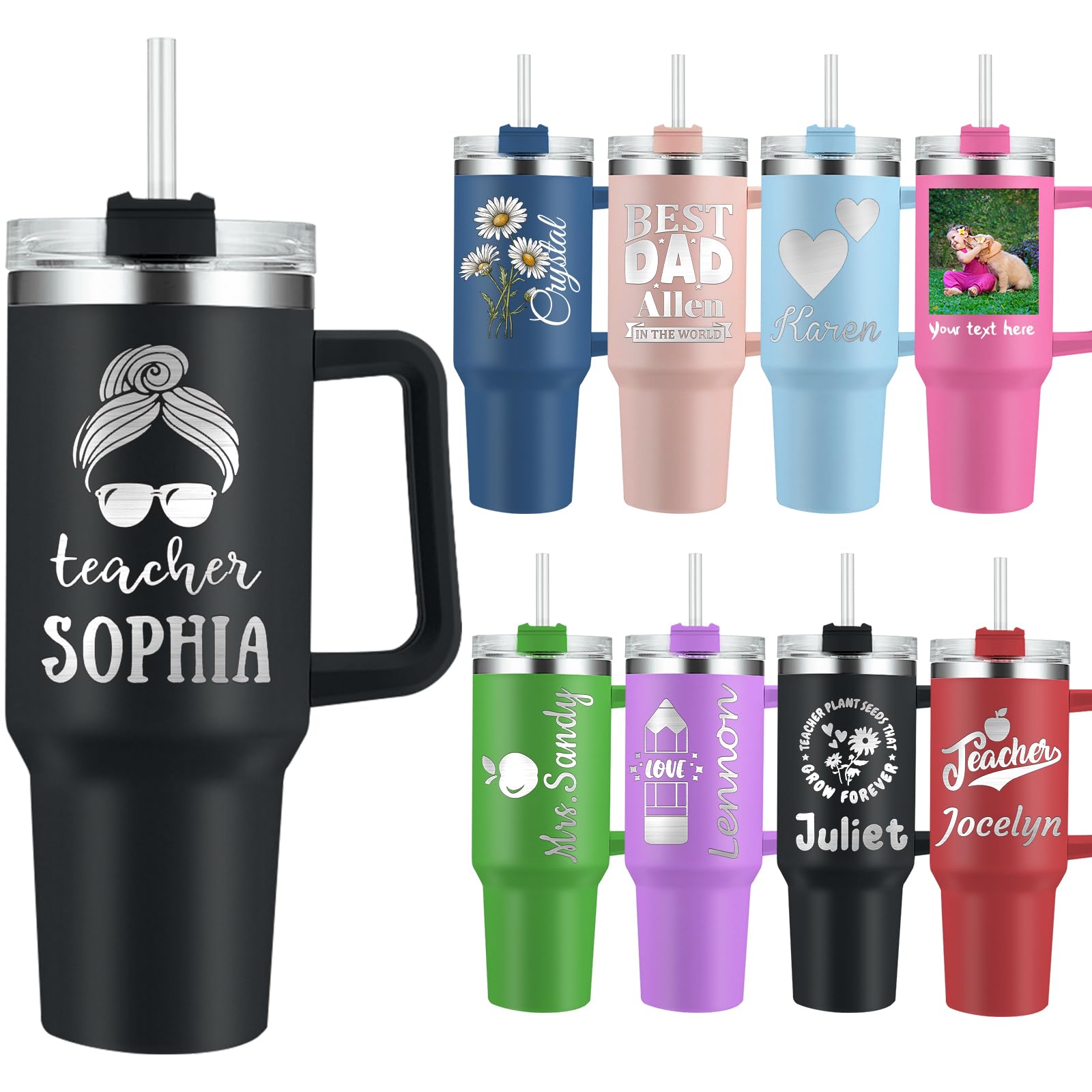 Teacher Personalized Tumbler with Handle 40oz Custom Engraved Name Tumblers with Straw Lid Customized Stainless Steel Insulated Cups Gift for Women