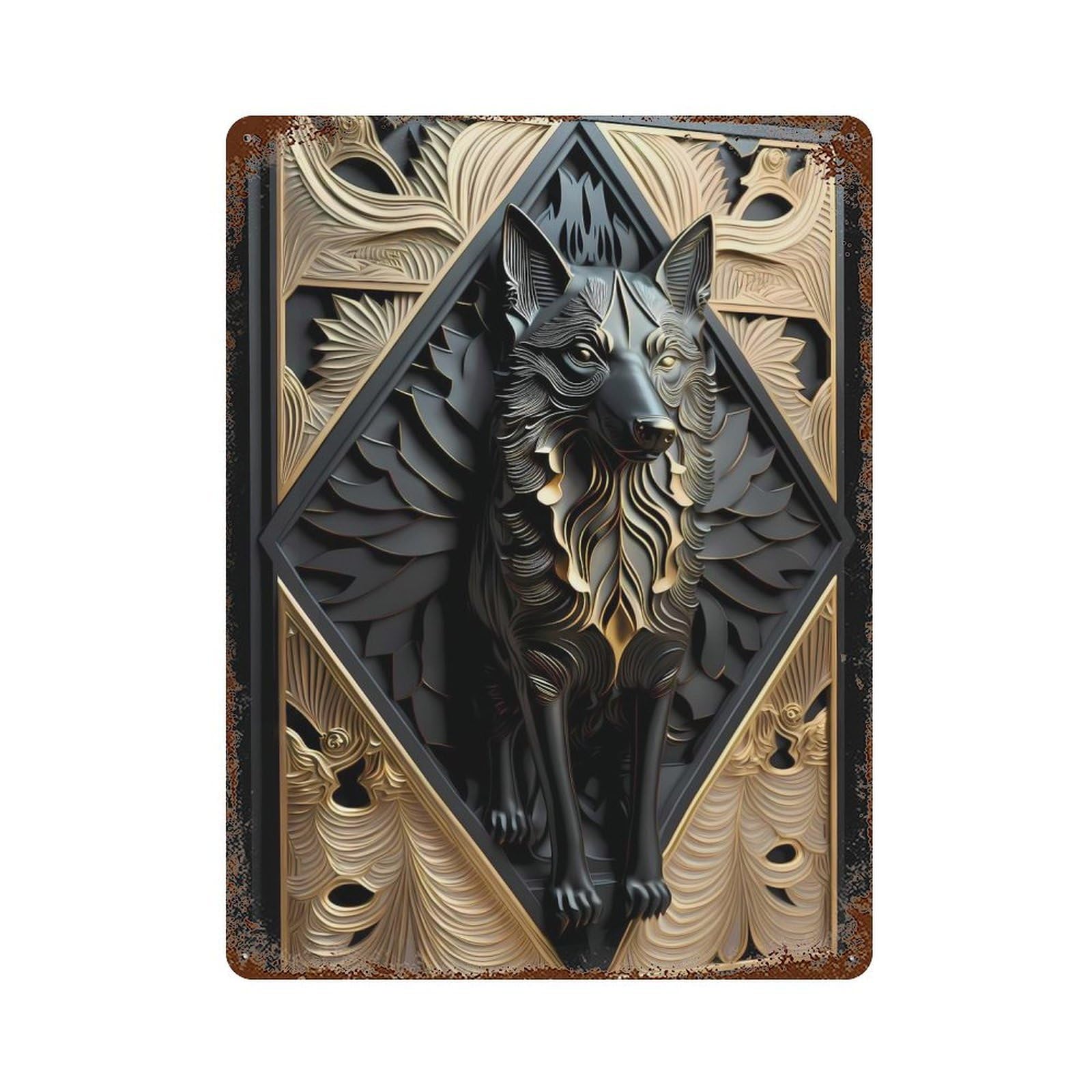 Golden Frame Wolf Art Deco 15.7"x11.8" Retro Metal Sign, Vintage Wall Decor for Office, Studio And Wall Decor