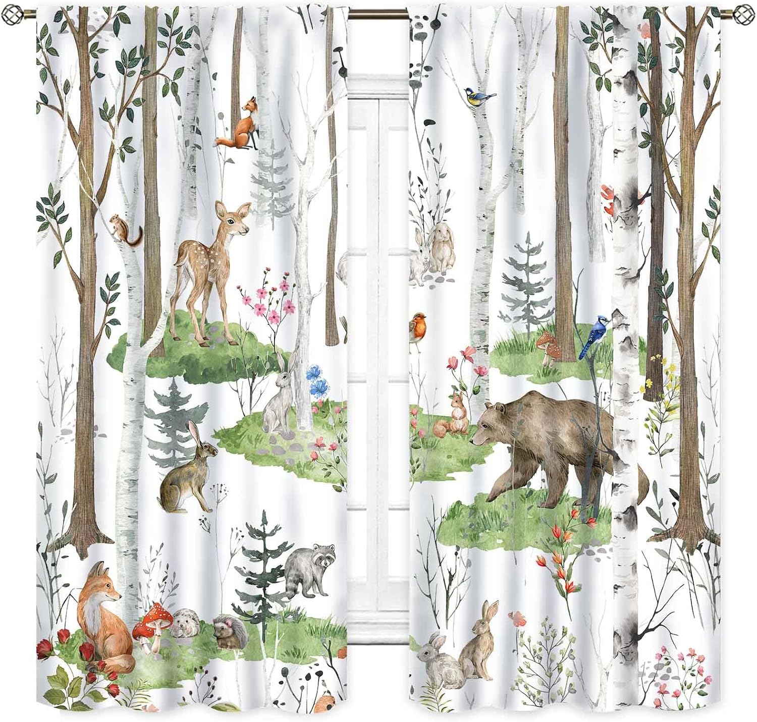 Woodland Animals Curtains, Kids Baby Rustic Cartoon Cute Forest Wild Animals Country Lodge Cabin Bear Deer Fox Cottage Window Drapes Treatments for Nursery Girls Boys Bedroom Living Room, 84"x84" Inch