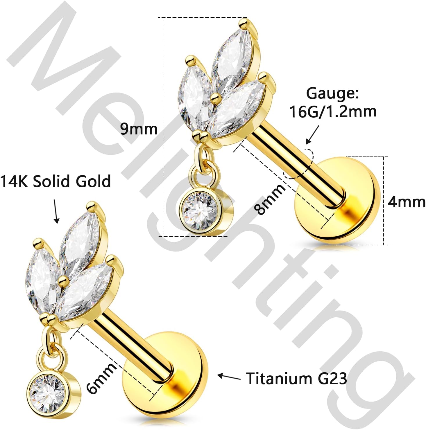 Melighting 14K Solid Gold Threadless Flat Back Leaf Titanium Helix 16G 6/8mm Cartilage Earring for Women - Image 6