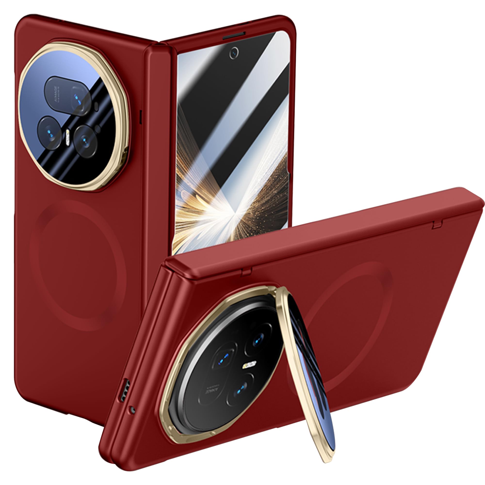 Fitudoos Funda para teléfono móvil Honor Magic V5, con soporte y protector de pantalla de cristal blindado, con anillo magnético, ultrafina, antideslizante, hipoalergénica, color rojo