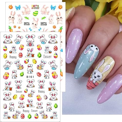 Miniatura 6 de Calcomanías de uñas de conejo 3D, 10 hojas de huevos de Pascua, pollo, zanahoria, conejo, calcomanías para manicura de primavera, decoración de uñas