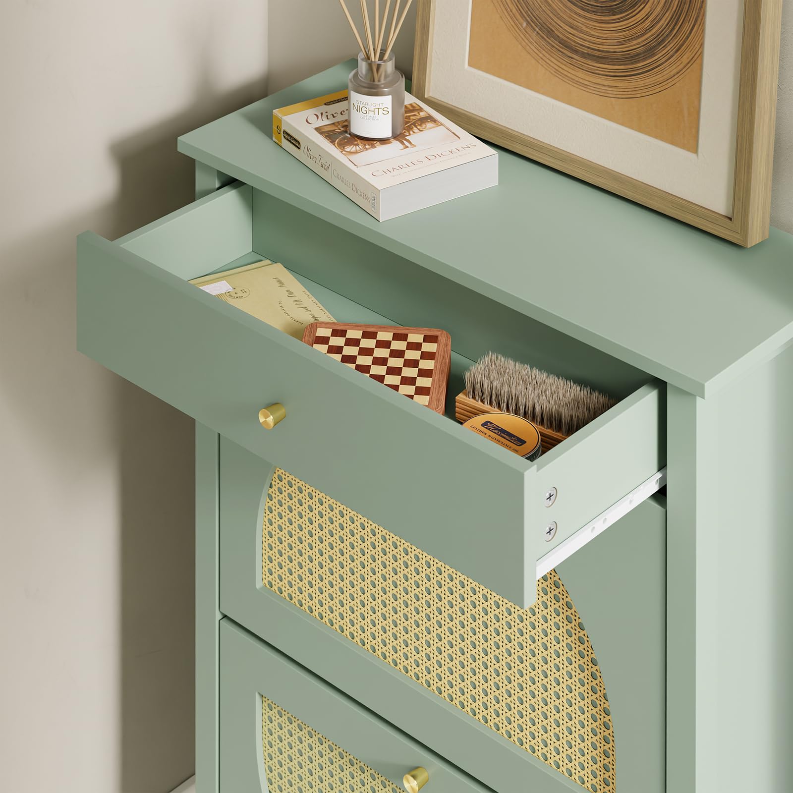 SoBuy Zapatero Estrecho - 2 Puertas 1 Cajón 62x25x97cm Entrada | Zapatero Recibidor MDF Con Puertas De Ratán, Cajón, Capacidad 8 Pares, Para Recibidor Pequeño, Verde Amarillo, FSR223-GR