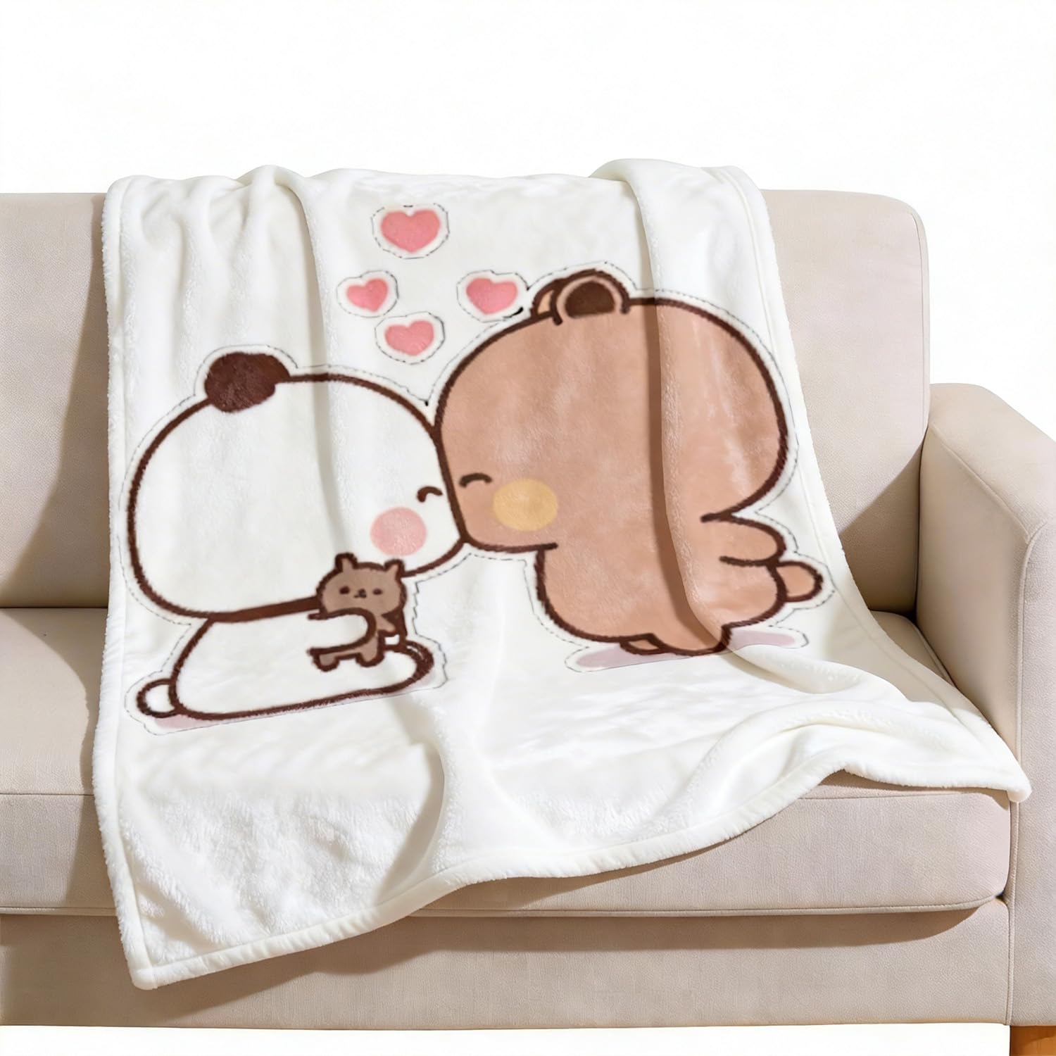 Bubu Dudu Koc z polaru, Koc Bubu i Dudu, 100 x 130 cm, koc z rysunkowym pandem, odporny na zagniecenia, miękki i przyjazny dla skóry, uroczy koc do przytulania do salonu, sypialni, biura, kanapy