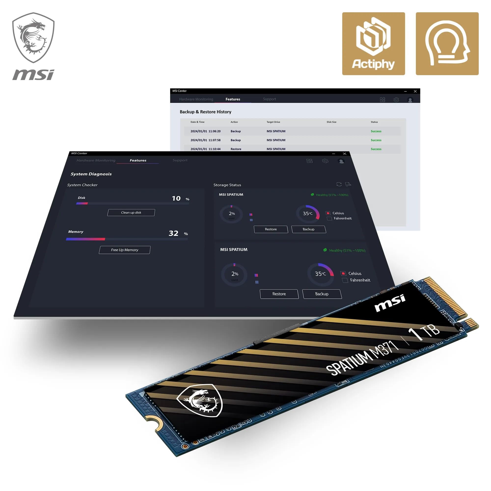 MSI Spatium M371 SSD 1TB PCIe 3.0 NVMe M.2 Unidad de Estado sólido Interna, 2350MB/s de Lectura y 1700MB/s de Escritura, 3D NAND, Seguridad de Datos integrada, Center