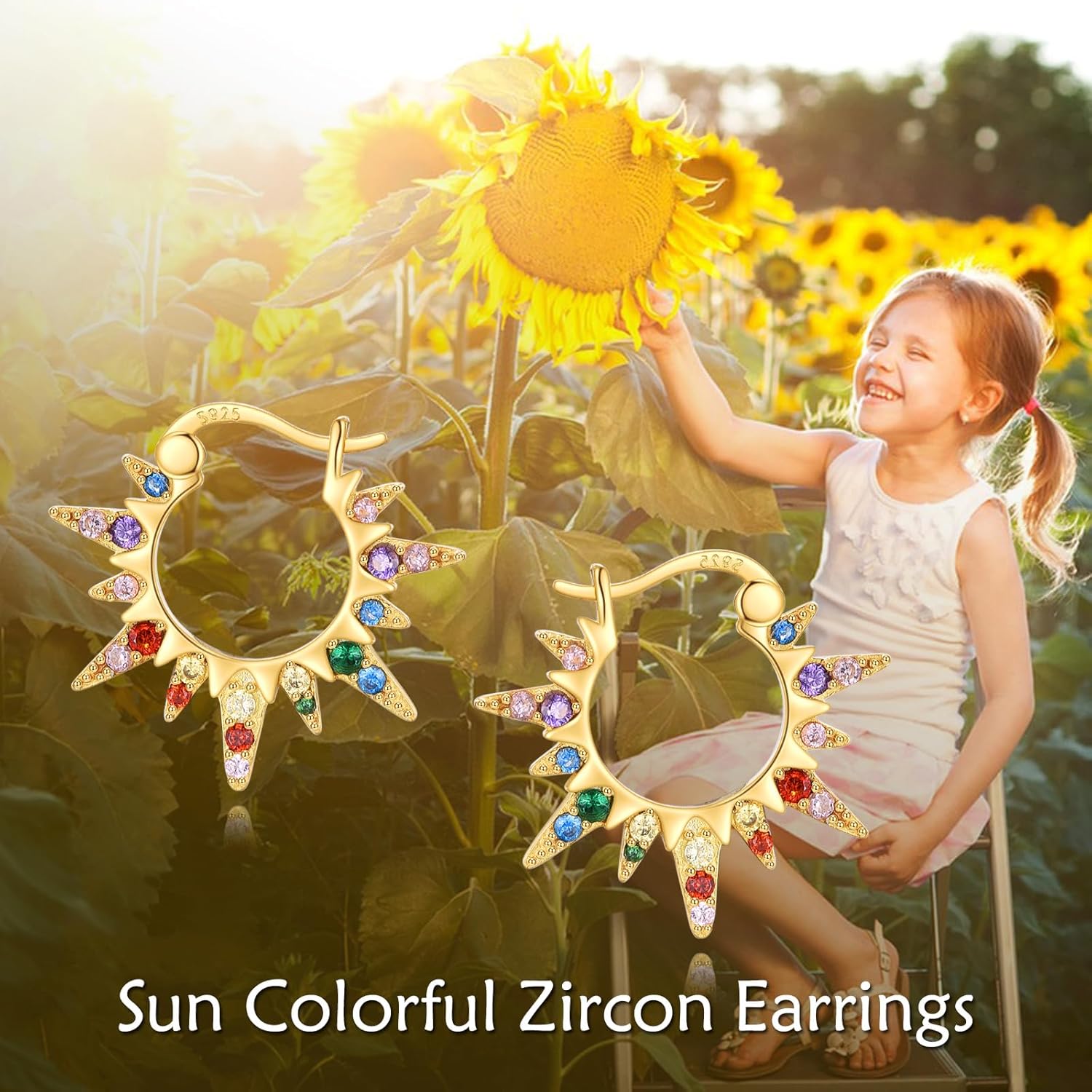 Sun Hoop Earrings 925 Sterling Silver Rainbow Huggie Earrings Cubic Zirconia Sun Jewelry Gift for Women Girls - Image 6