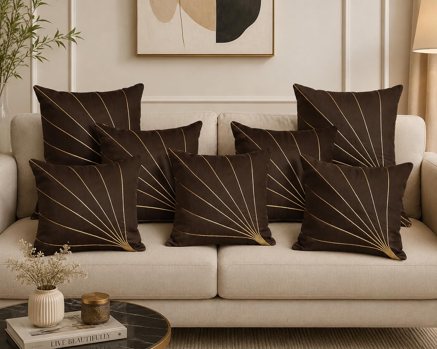 Silk Cushion Covers Set of 7, 16x16 Inch Decorative Throw Pillow Covers with Elegant Striped Design, Soft Cushion Cases with Hidden Zipper for Sofa, Living Room & Bedroom (Brown)-image-48