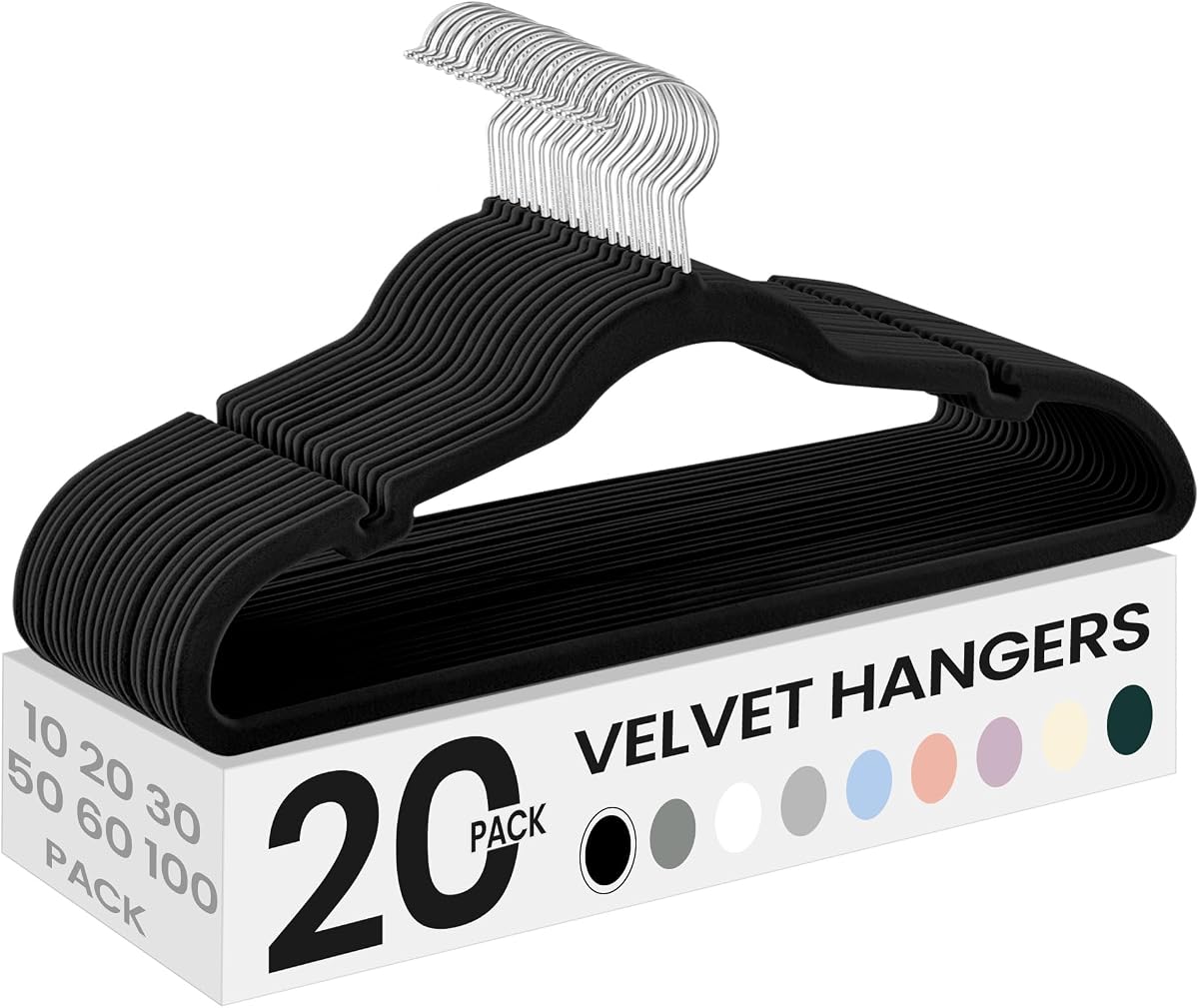 SONGMICS Perchas de Terciopelo, Paquete de 20, Perchas Antideslizantes con Muescas en los Hombros, Barra para Pantalones, Gancho Giratorio de 360°, Ahorro de Espacio, para Armario, Negro Tinta UCRF029B02