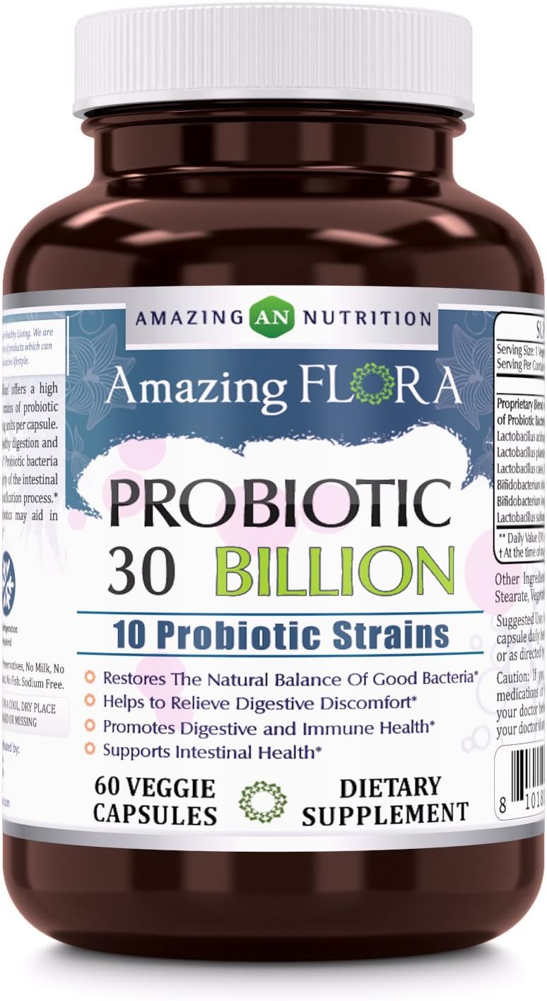 Amazing Flora Probiotic 10 Best Probiotics Strains | 30 Billion | 60 Veggie Capsules Supplement | Non-GMO | Gluten Free | Suitable for Vegetarians | Made in USA