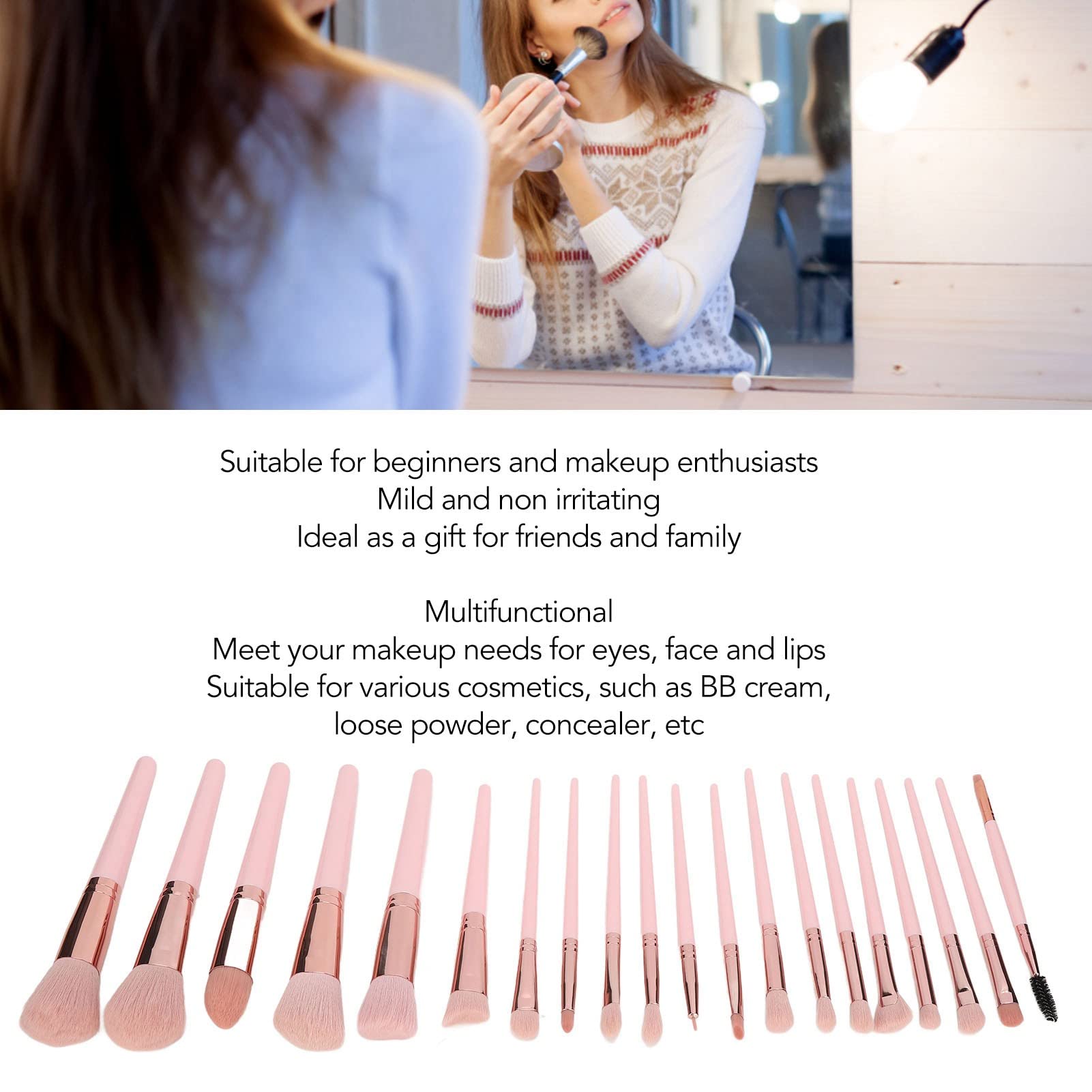 Juego de Brochas de Maquillaje 20 Piezas Cerdas Suaves Ergonómico Juego de Brochas Cosméticas Portátiles para BB Cream Polvo Suelto Sombra de Ojos Maquillaje Principiantes y
