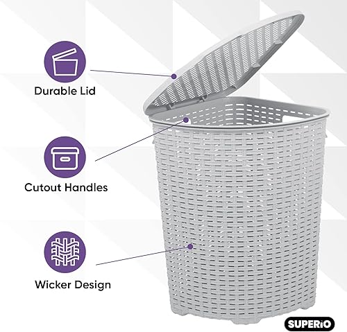 Miniatura 3 de Cesta de lavandería de esquina de plástico con tapa, cesta de lavandería de diseño curvo, organizador de paños de humo blanco triangular con asas