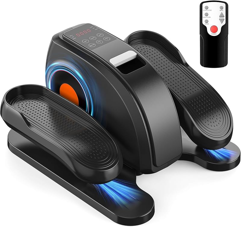 NEWBULIG Máquina elíptica debajo del escritorio, ejercitador eléctrico de piernas elipse con pedal sentado con control remoto, 12 velocidades ajustables, avance y retroceso, mini entrenador de piernas elipse para el hogar y la oficina