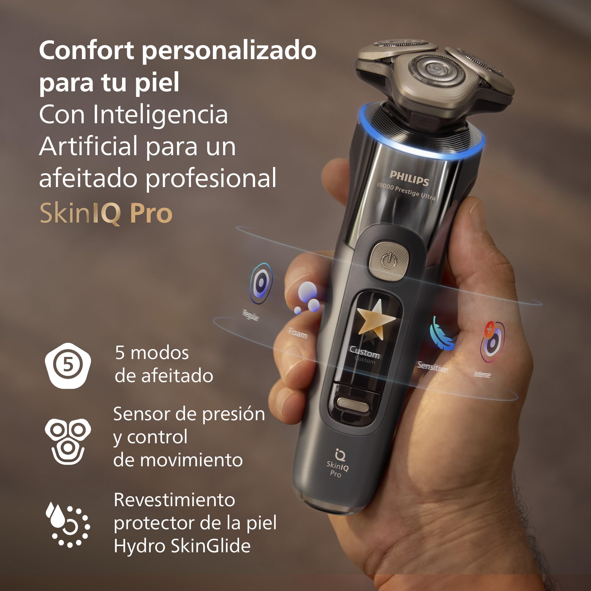 Philips i9000 Prestige Ultra, Afeitadora Eléctrica Hombre, Máquina de Afeitar Barba en Seco y Húmedo, Tecnología SkinIQ Pro, Recargable, Centro de limpieza, Recortador, Estuche de Carga UV, XP9402/46