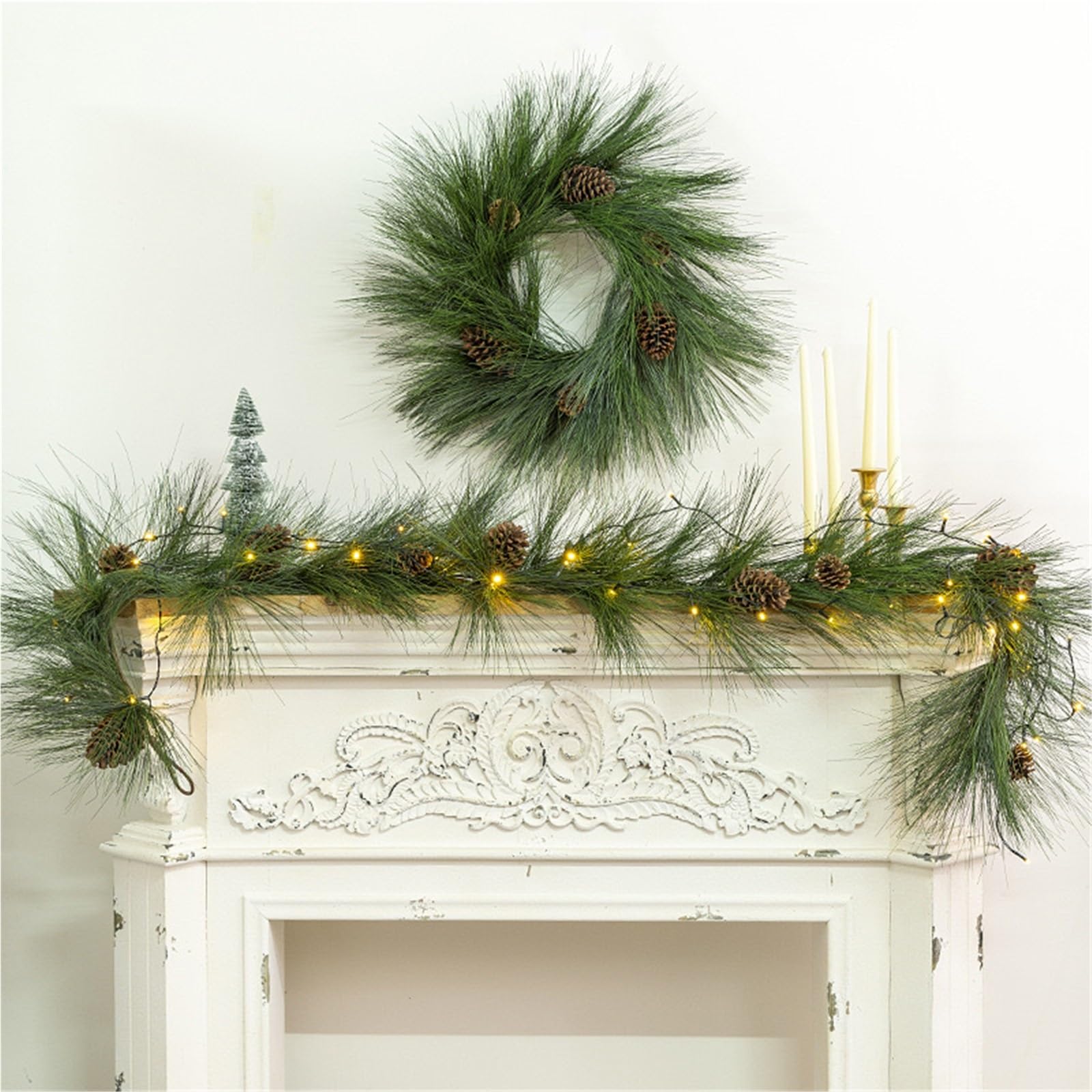 Corona de aguja de pino de Navidad para colgar en la pared de la puerta delantera, decoración del hogar, decoración de granja (muerte)