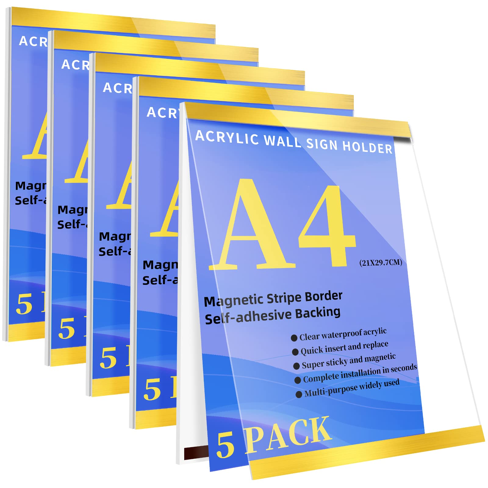 Soportes Magnéticos Para Letreros VAIIGO - Pack De 5, Tamaño A4, Incluye Cintas Adhesivas Y Magnéticas, Transparentes