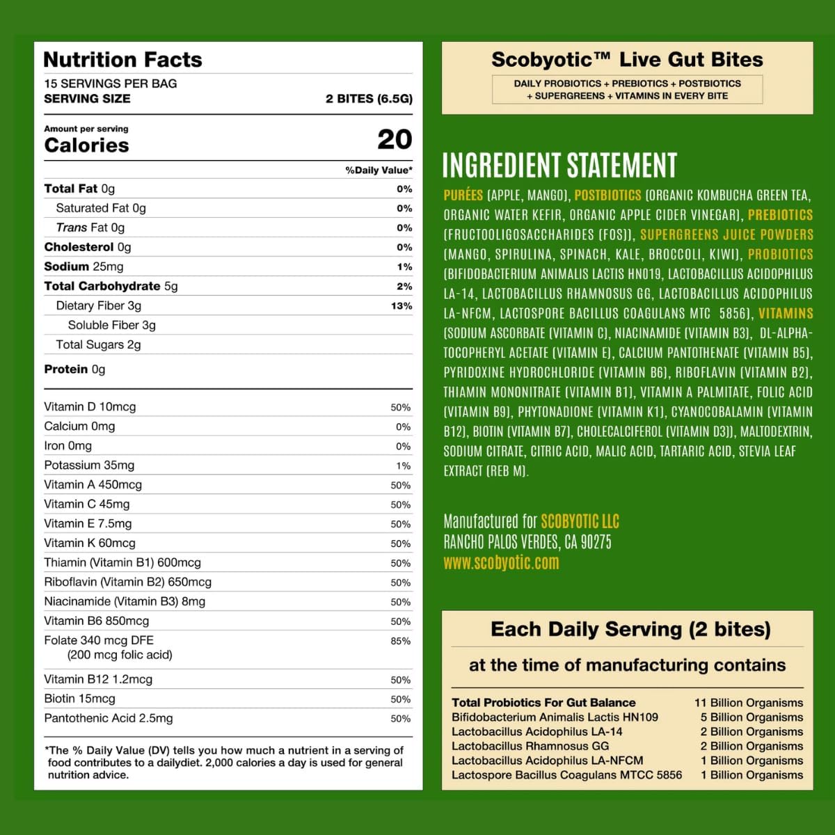Scobyotic® Kombucha Supergreens Live Gut Bites – 10 Billion CFU Probiotics + Prebiotics & Postbiotics – Kombucha & Supergreens – Freeze-Dried Probiotic Supplement