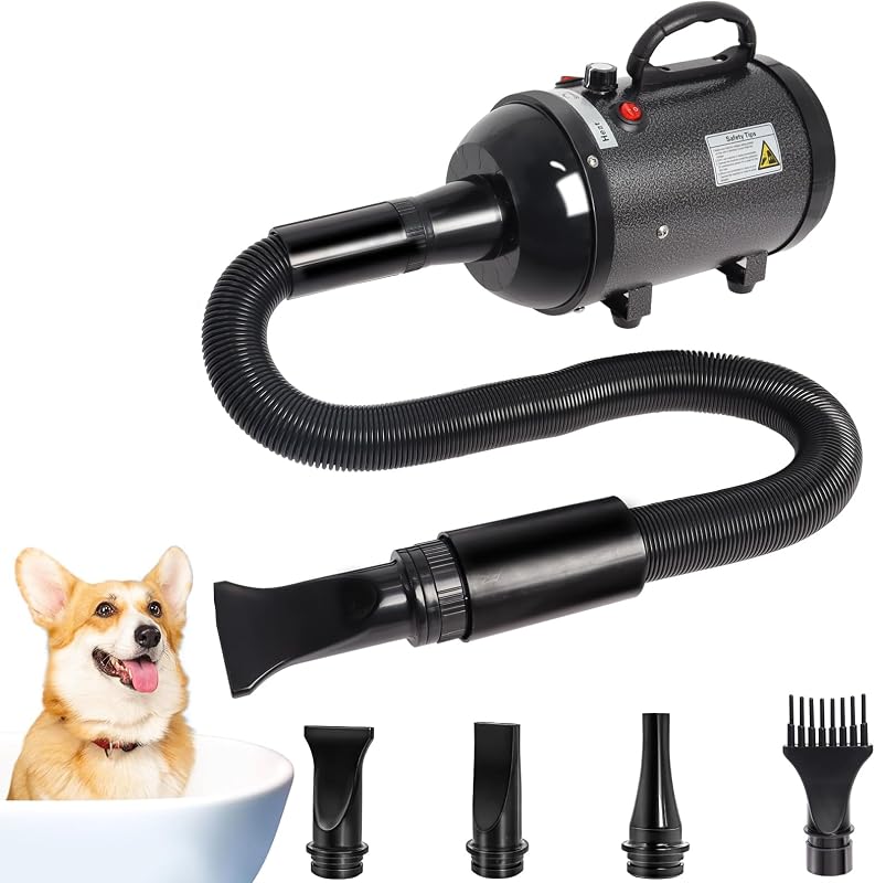 Secador para perros para perros grandes 5.2HP 3800W Secadores de pelo para mascotas de alta velocidad | con calentador para aseo, máquina secadora de mascotas ajustable con temperatura de giro con 4 boquillas (negro)