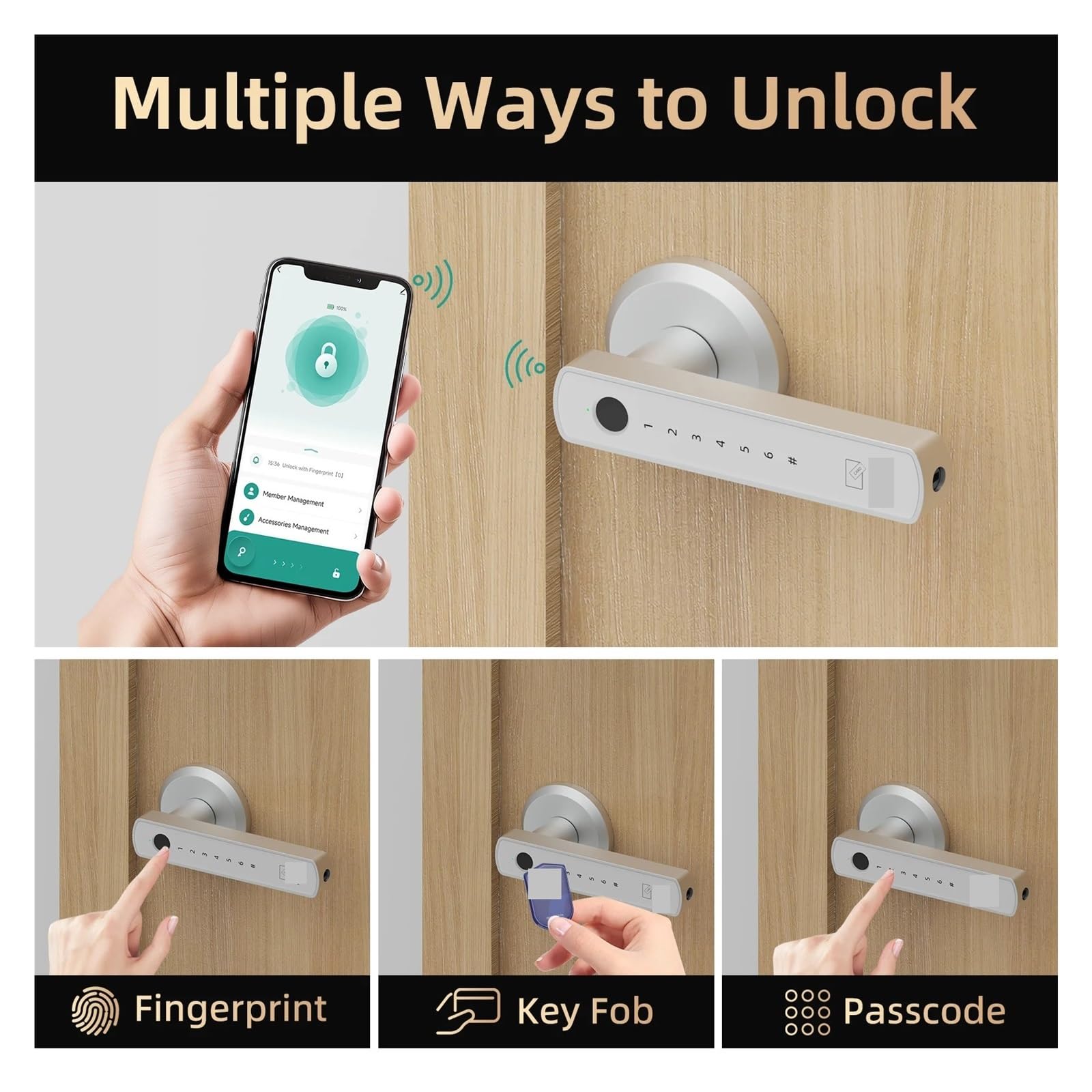 Cerradura de puerta inteligente, Teclado de huellas dactilares Cerradura cerrojo Entrada sin llave electrónica Tarjeta Control código acceso