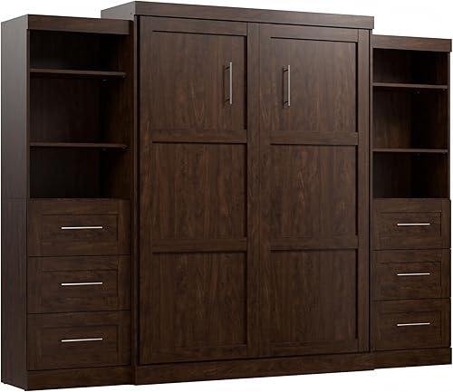 Vista 32 de Bestar Pur - Cama Murphy completa y 2 estanterías con cajones, cama de pared que ahorra espacio de 109 pulgadas Marrón (Rustic Brown)